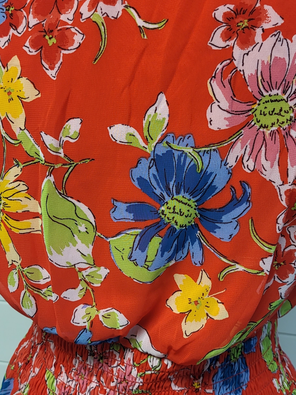 Jessica Simpson Red Floral Midi Dress with Yellow, Blue & Green Accents - Picture 7 of 12